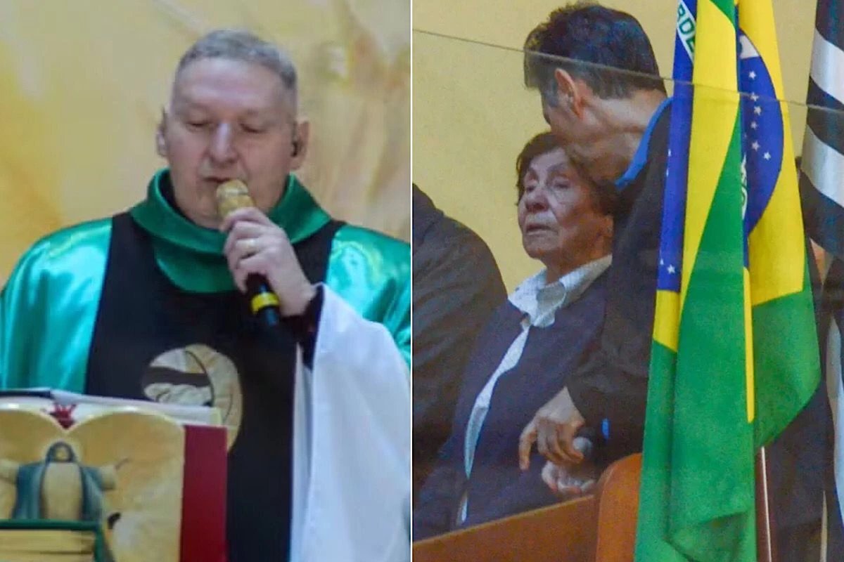 A missa do sétimo dia de Agnaldo Rayol é celebrada pelo Padre Marcelo Rossi; amigos e familiares estão animados