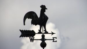 Cata-vento em forma de galo contra o céu nublado