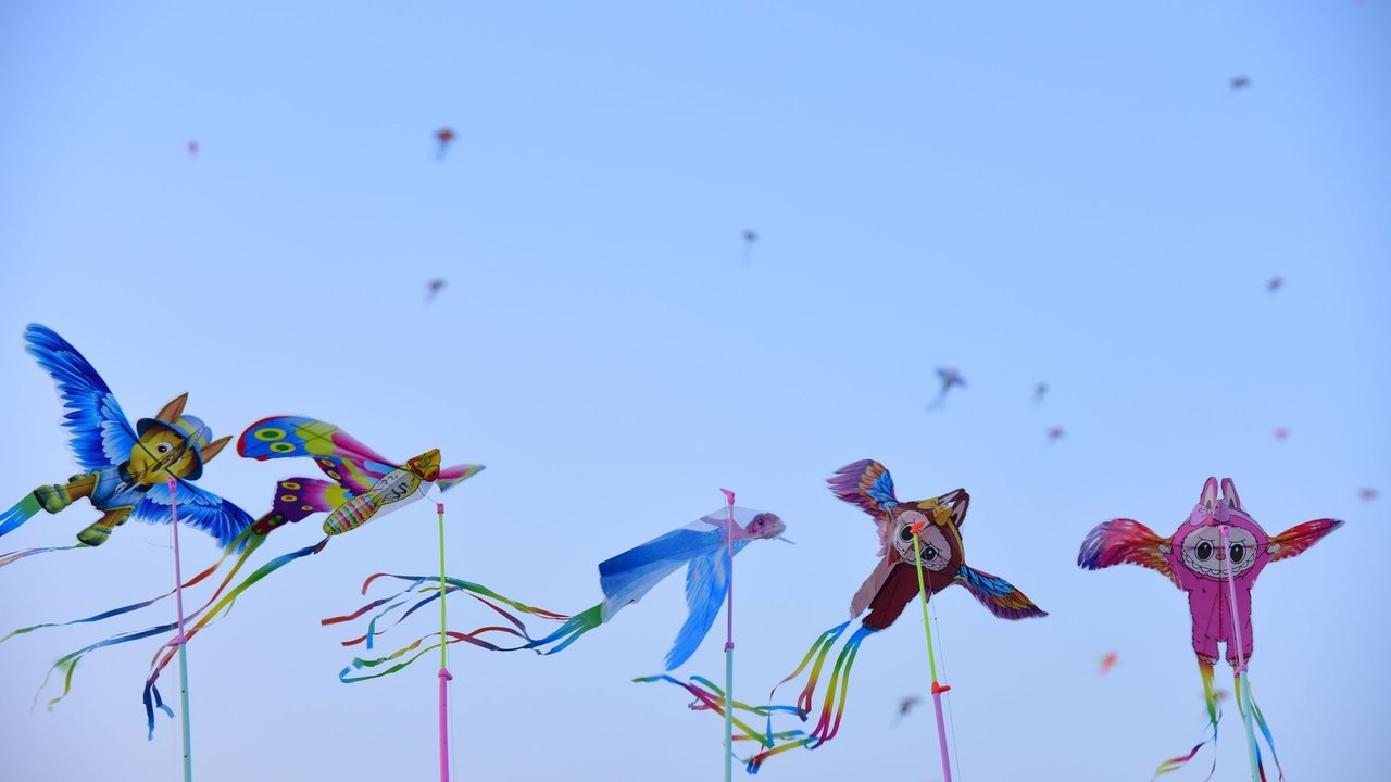 Pipas coloridas em formato de pássaros voando no céu azul