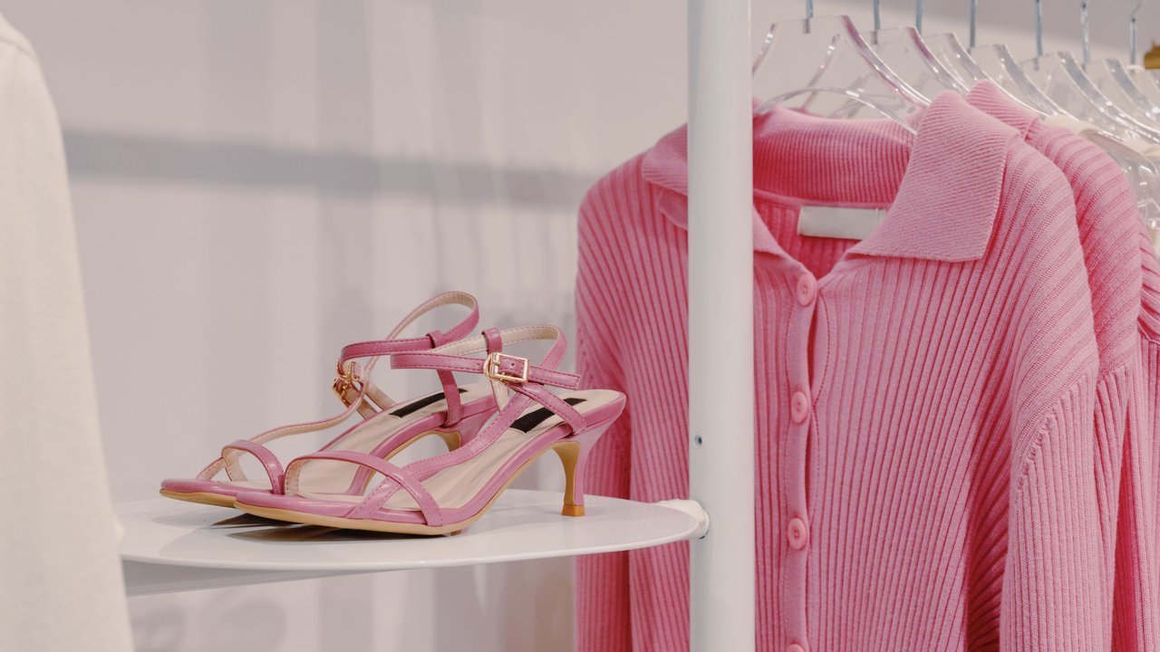 Sandálias cor-de-rosa e casaco de tricô rosa numa loja