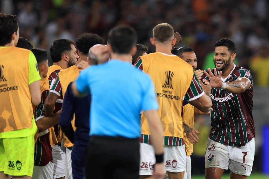 Time do Fluminense celebra gol contra o Platense, pela Libertadores 2026 (Foto: Buda Mendes/Getty Images)