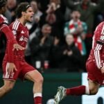 Mac Allister, do Liverpool, comemora gol contra o Atlético de Madri, pela Liga dos Campeões
