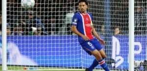 Marquinhos no jogo PSG 4 x 2 Barcelona, pela Champions